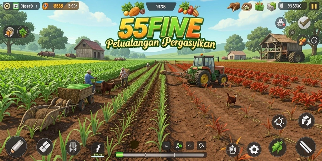 Screenshot utama dari gameplay 55FIVE menunjukkan keindahan kebun yang dikelola dengan cermat.