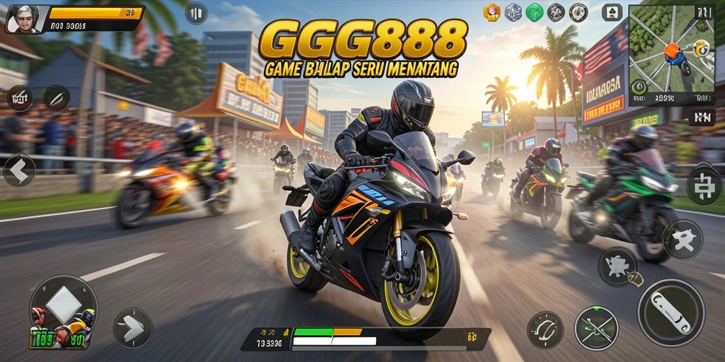 Tampilan gameplay seru dari GGG888 yang menunjukkan balapan motor.