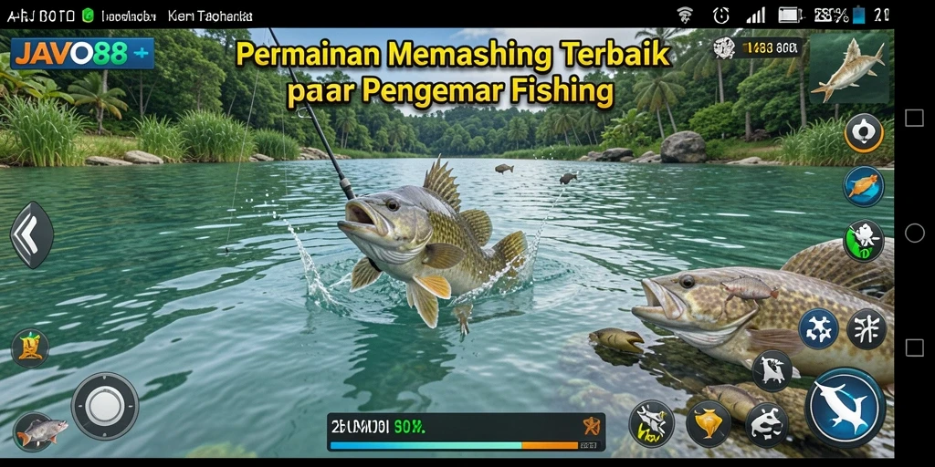 Tampilan gameplay <strong>JAVO88</strong> saat menangkap ikan di lautan yang indah.
