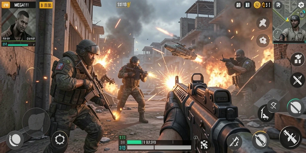 Tampilan menegangkan gameplay MEGA111 dalam pertempuran TPS.