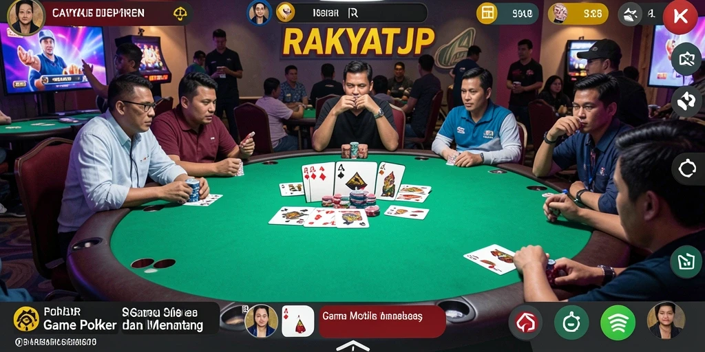 Screenshot menunjukkan gameplay seru di RAKYATJP dengan kompetisi Poker yang menegangkan.