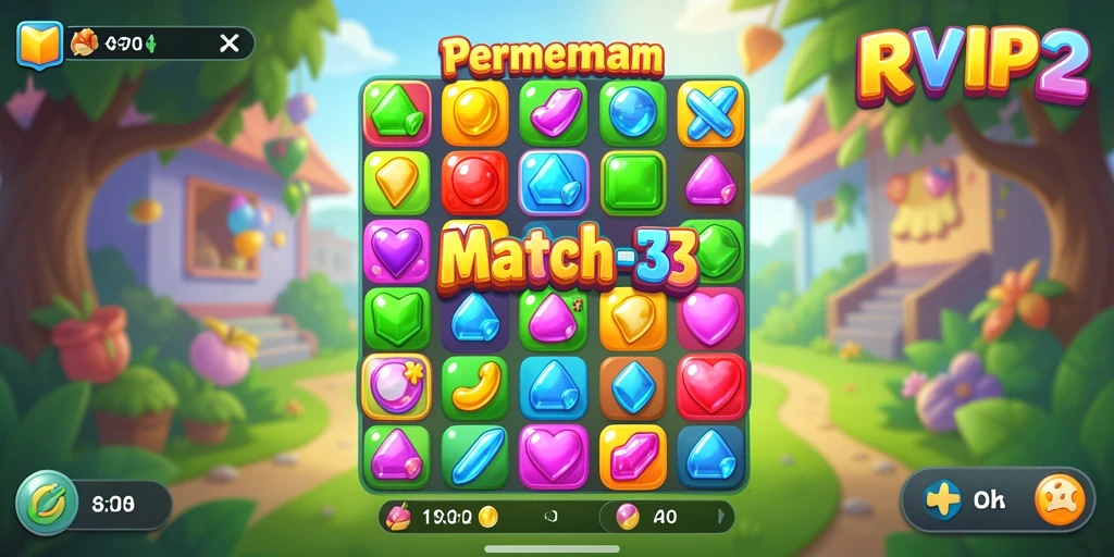Screenshot gameplay RVIP2 menunjukkan aksi mencocokkan permata yang seru.